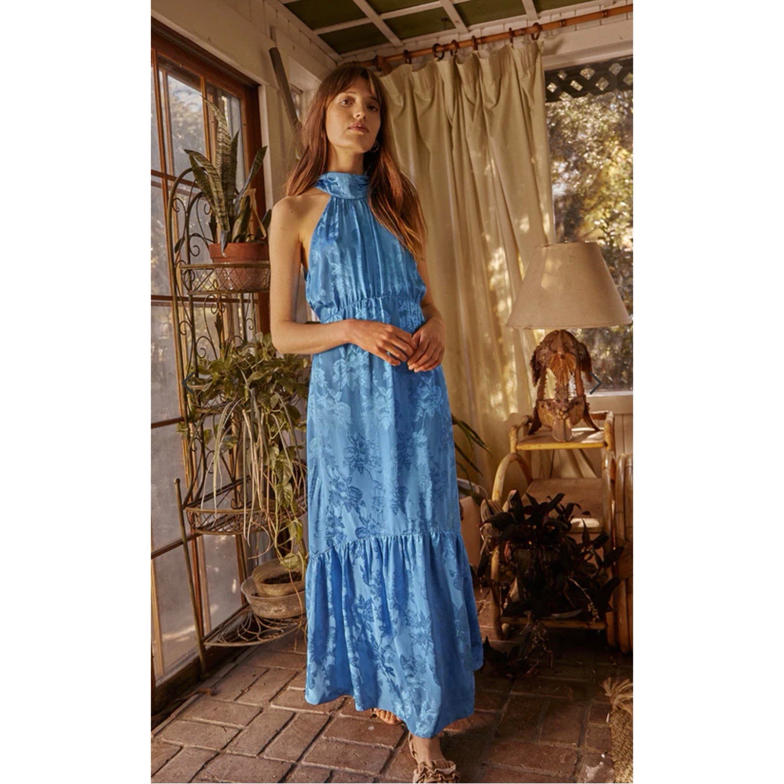 Saylor Maxi Dress Blue Floral Satin Large L M