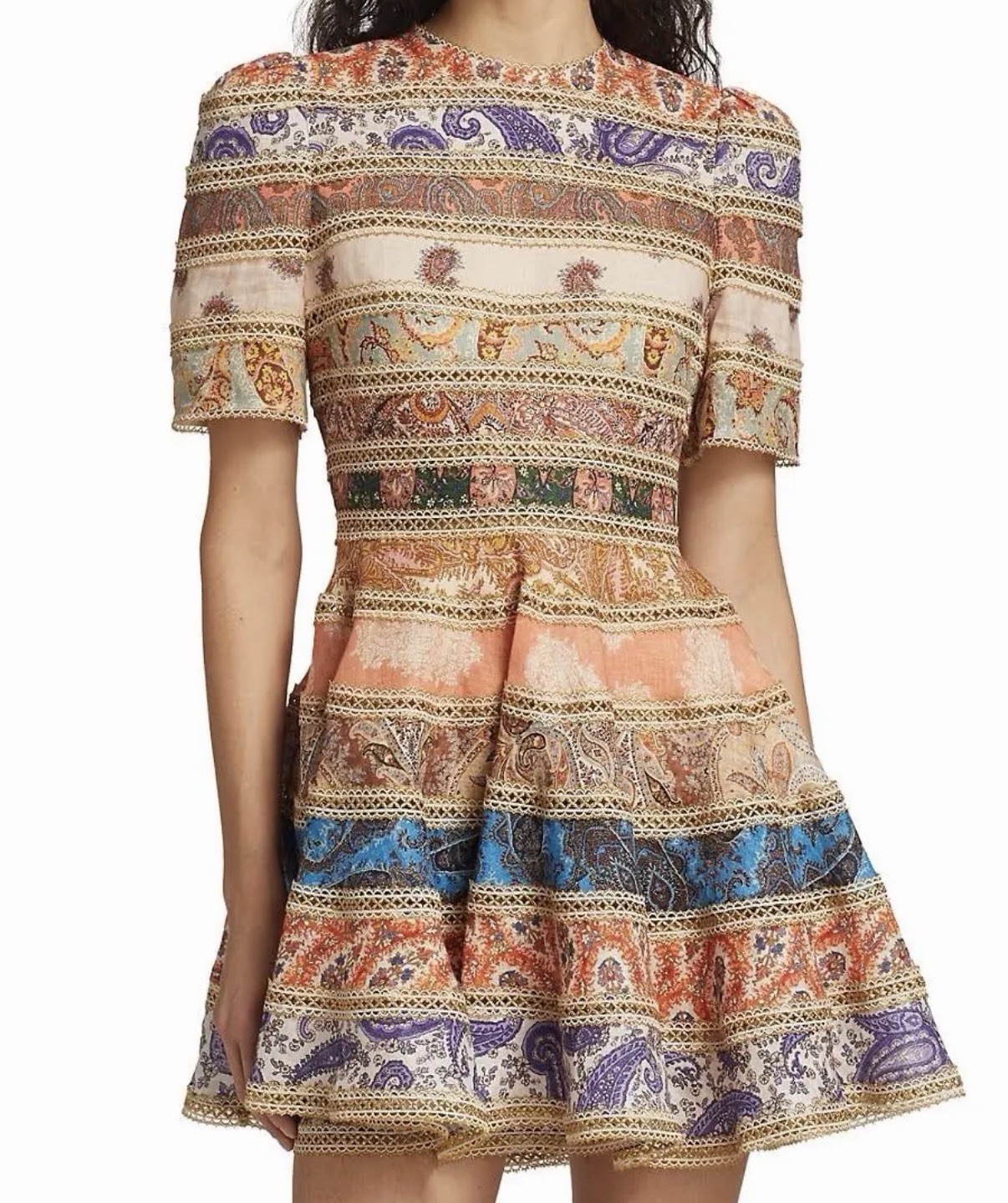 Zimmermann Devi Spliced Mini Dress Size 1/AU 10/US 8 Gold Trim Paisley Rare EUC