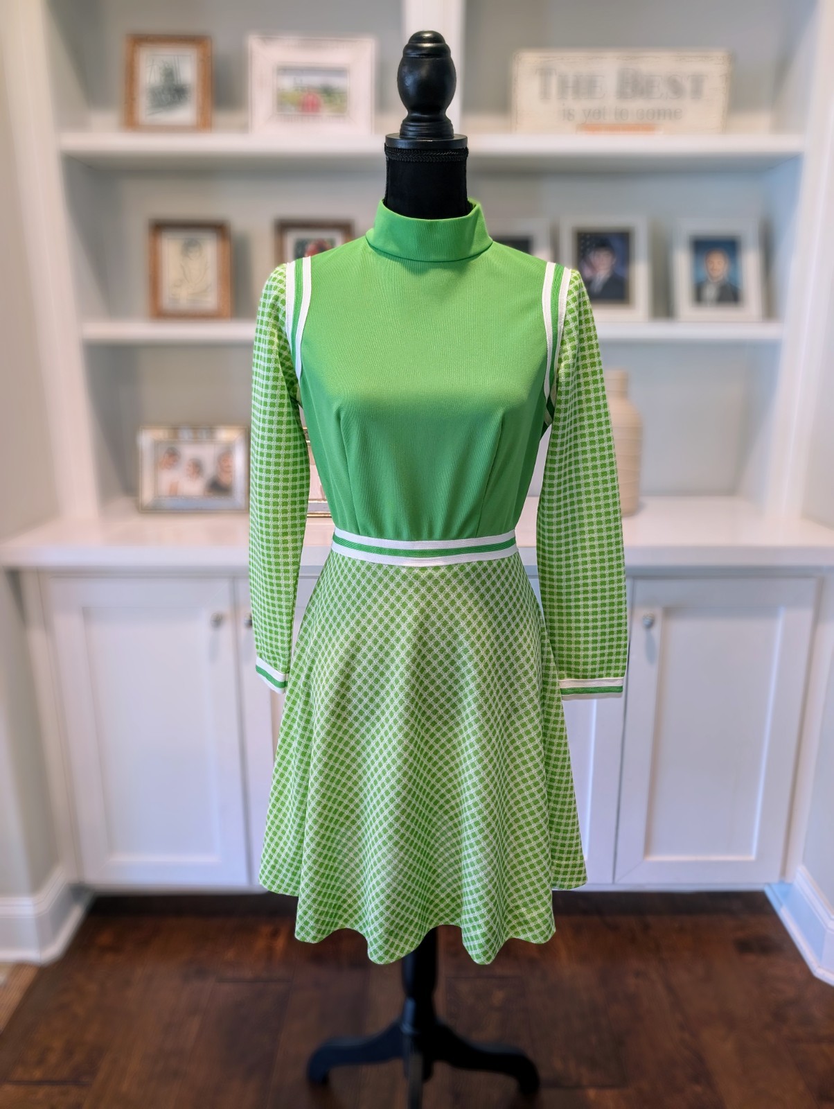 Vintage JC Pennys Fashions Dress Women Small GREEN Checkered Plaid Retro Mod