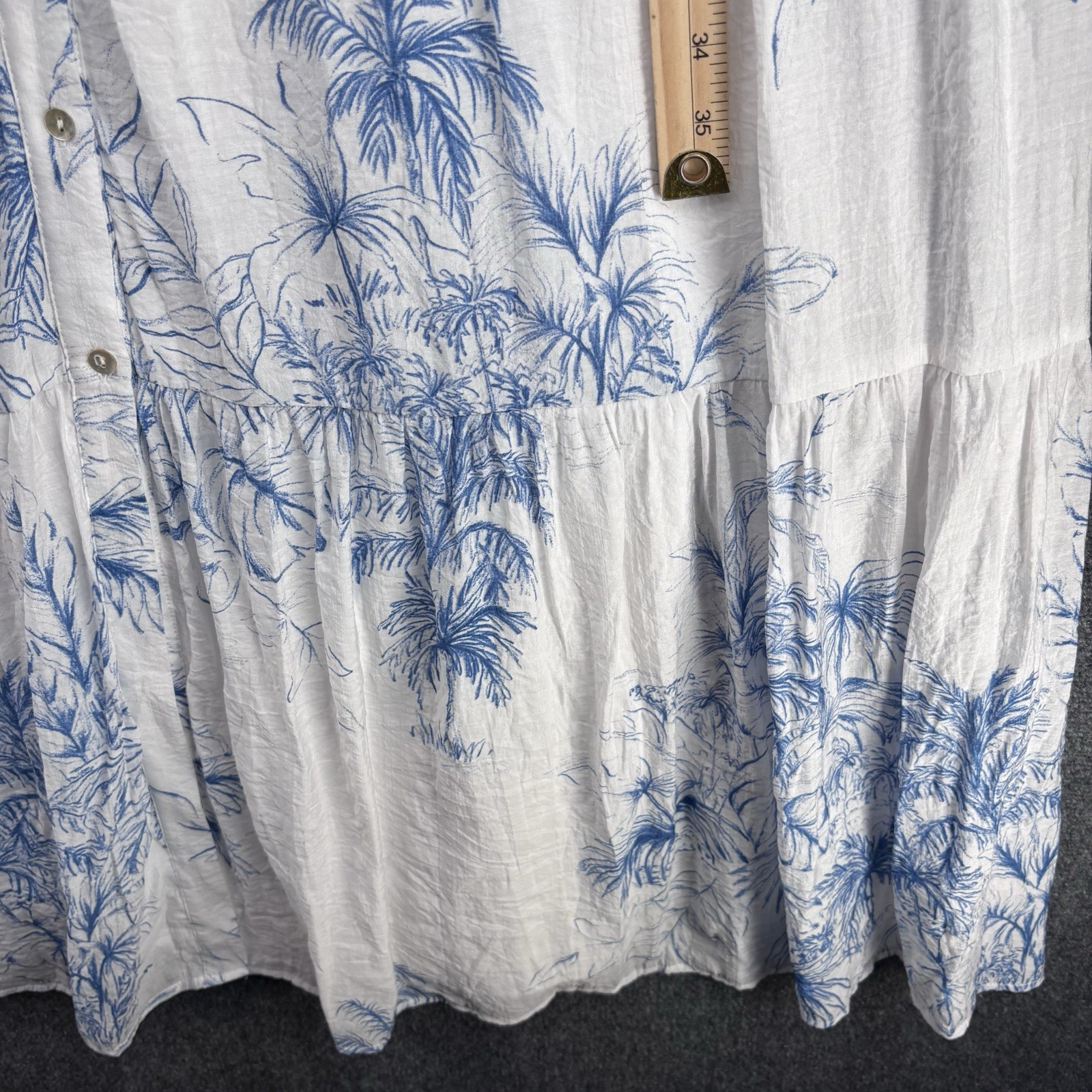 1 State White Blue Tropical Coastal Cottagecore Toile Tiered Maxi Dress Size M