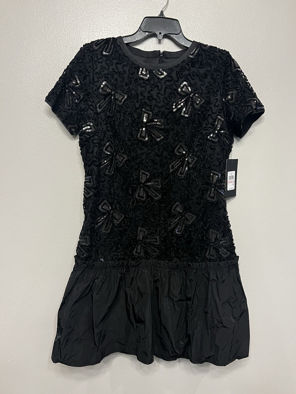 Karl Lagerfeld Black Sequin Bow Dress Appliqué Ruffle Mesh Evening Party Sz 10