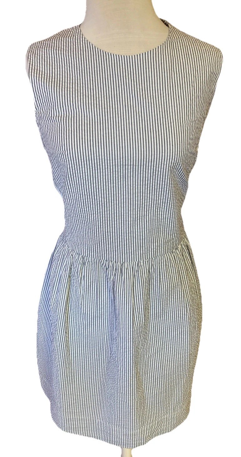 Gap Seersucker Dress Sz 14 Navy Striped Nautical Preppy Summer Beach Coastal