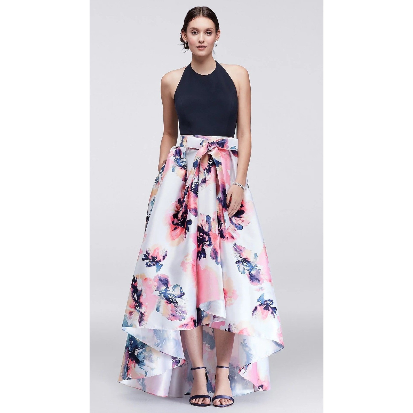 Ignite Evenings Floral High Low Gown Women 12 Navy Halter Dress Prom Wedding
