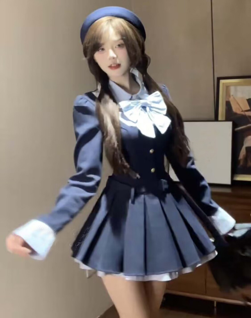 Japanese College School Bow A-Line Dress Pleated Skirt JK Uniform Short Dress