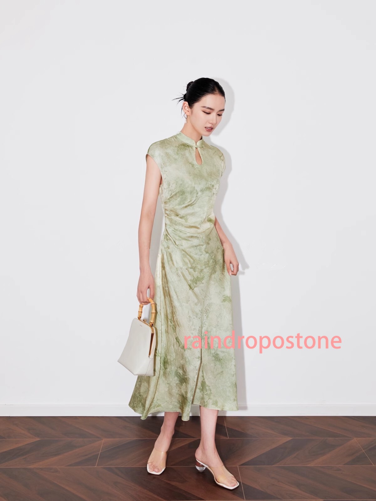 Womens Stand Collar Floral Printed Mid Long Dress Sleeveless Retro Chinese Style