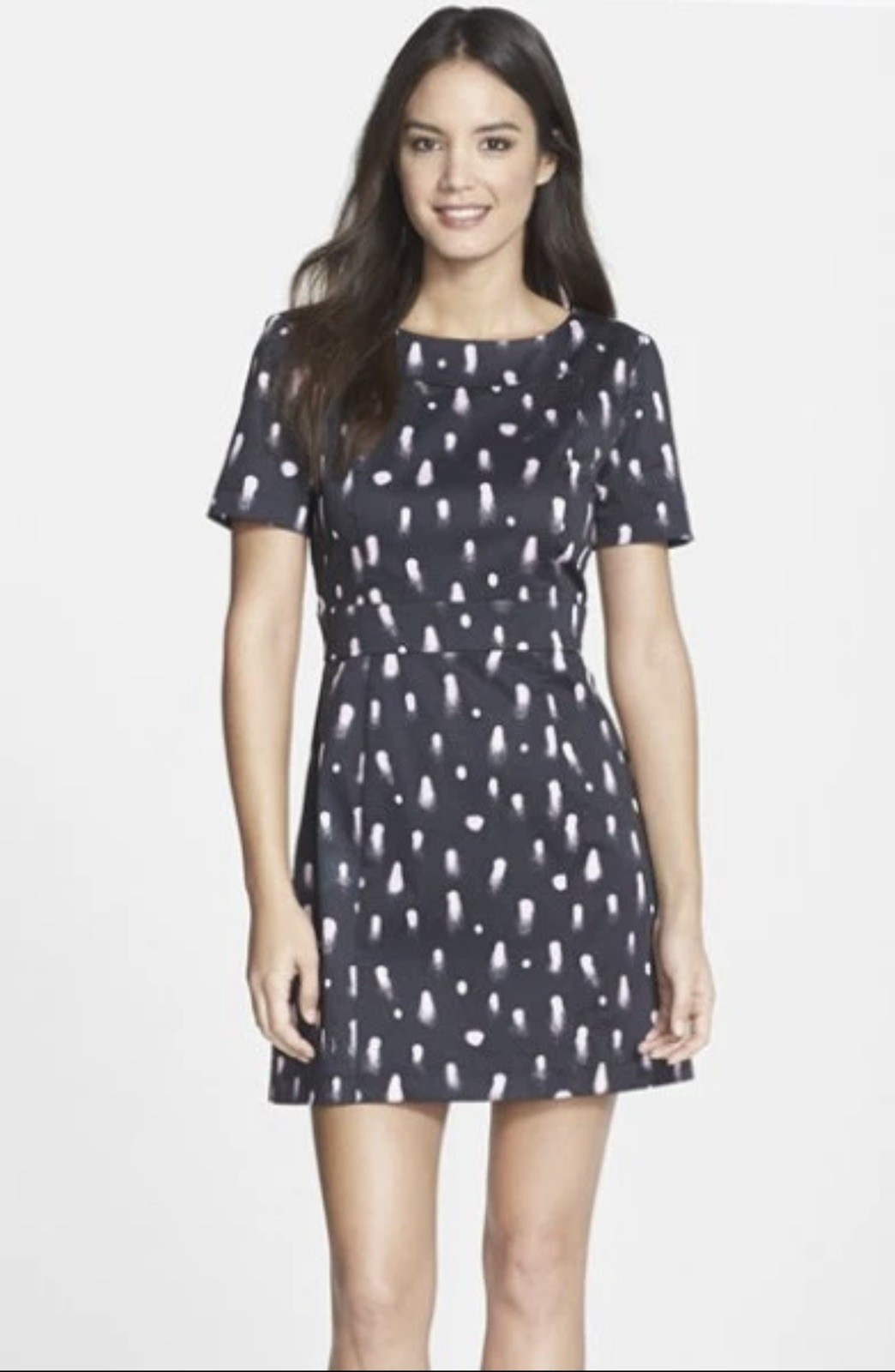 French Connection Black Violet Polka Dot Spray Cut Out Back S/S Dress $148 SZ 2
