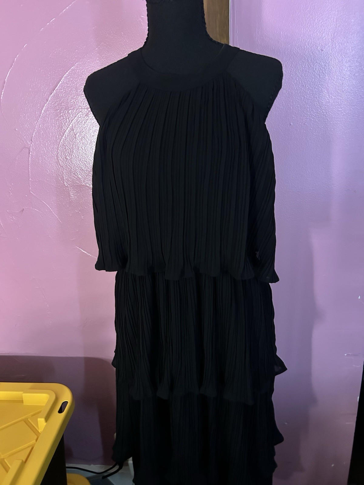 ZESICA Black Solid High Neck Sleeveless Pleated Tiered Ruffle Maxi Dress, L