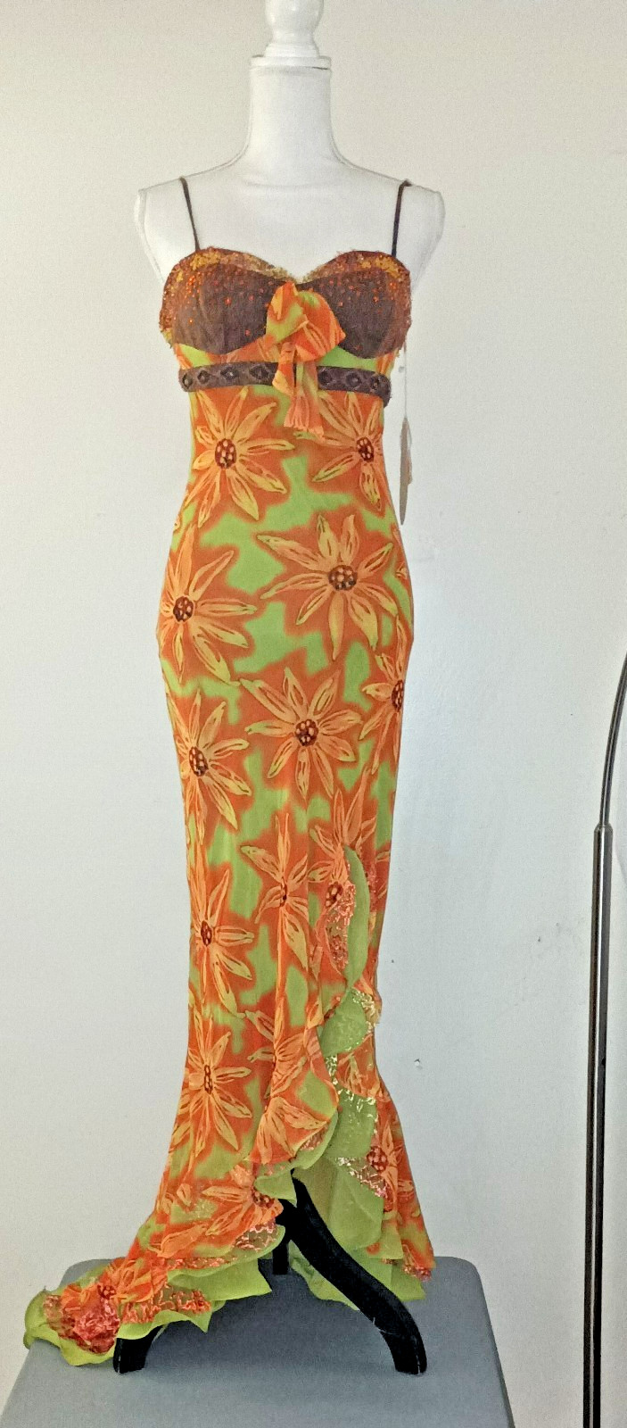 Vintage Cassandra Stone Green Floral Embellished Maxi Dress Sleeveless Sz 8