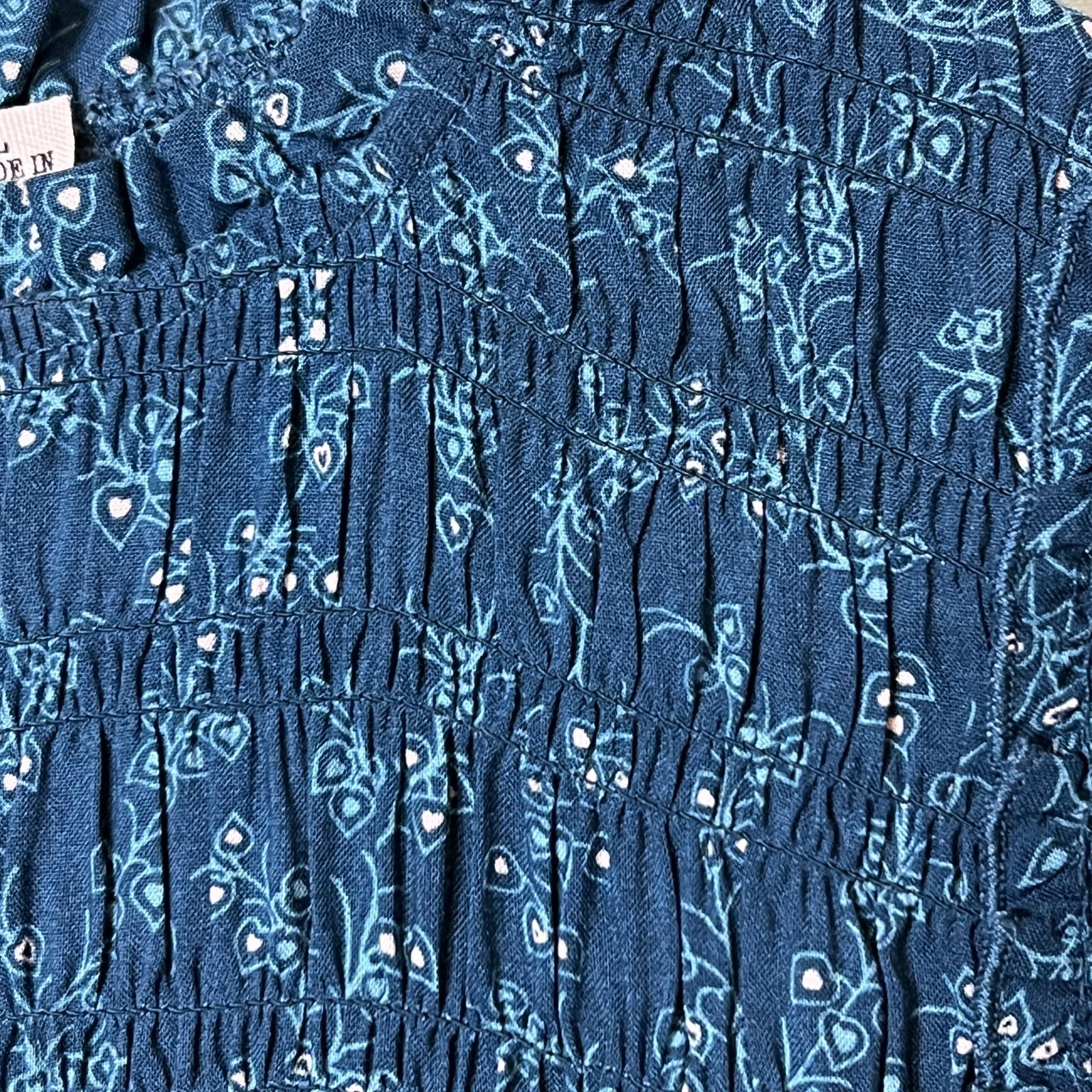 Liberty Love Mini Dress Womens Large Blue Ruffle Mini Floral Smocked Cap Sleeve