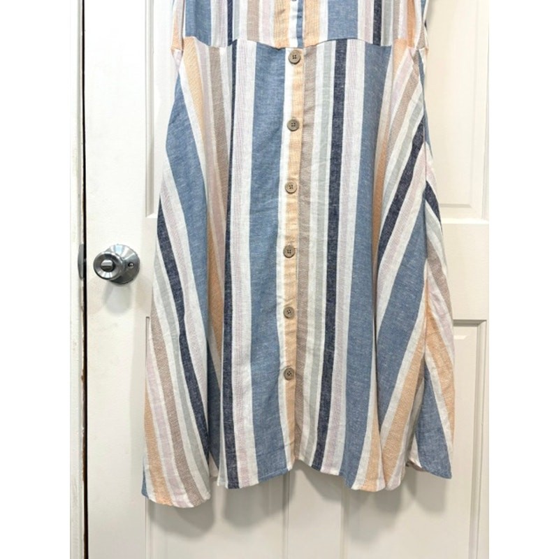 Marissa Olivia Linen Blend Striped Dress XL Blue Peach Button Front Midi Pockets