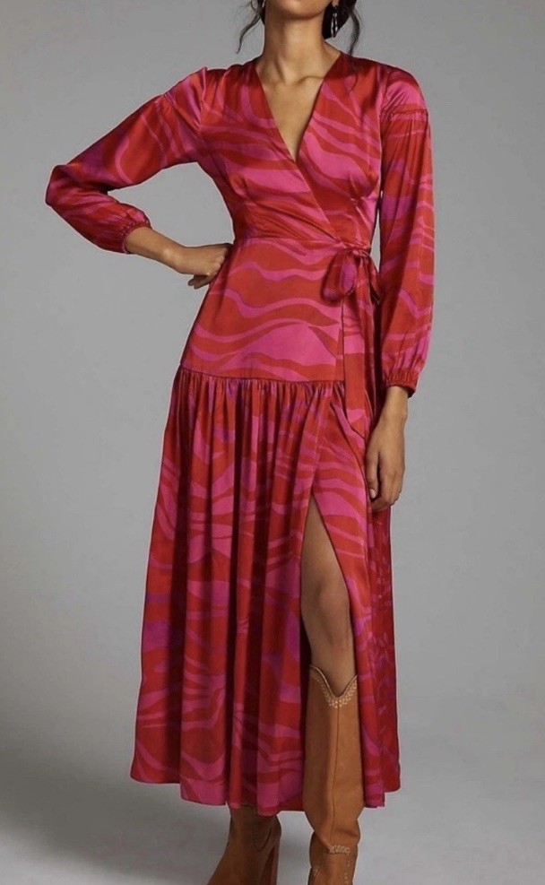 Anthropologie Hutch Ciara Dress Red Zebra Stripe Satin Wrap Maxi Tiered Sz S
