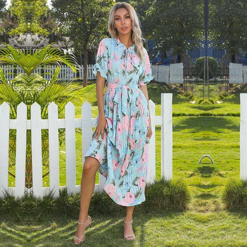 Ruffle Neck Pleated Dress