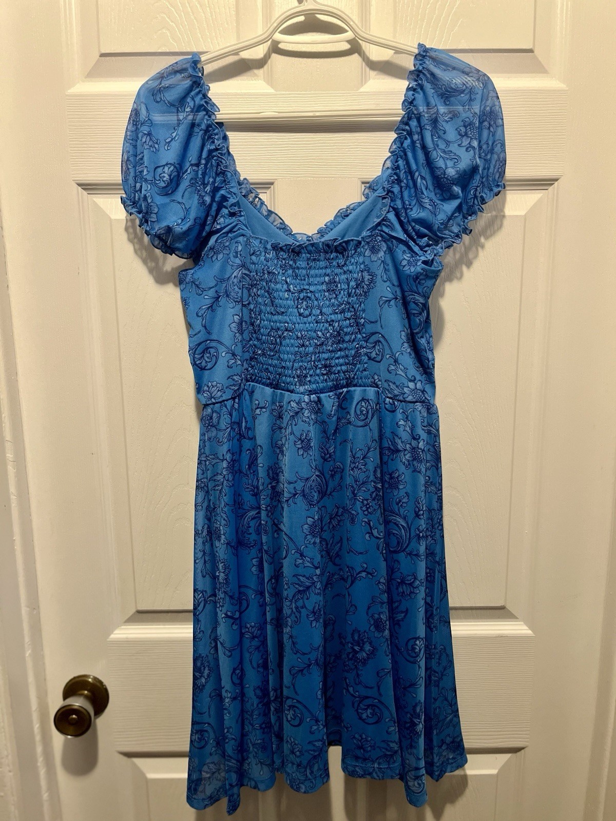 Y2K Justify Dress Floral Blue Small Summer Boho Puffy Short Sleeve Bow