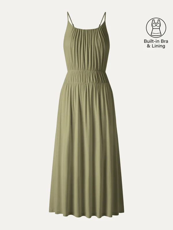 Women’s U Neck Spaghetti Strap Midi Dress Built In Bra Pockets, Green, Freeship