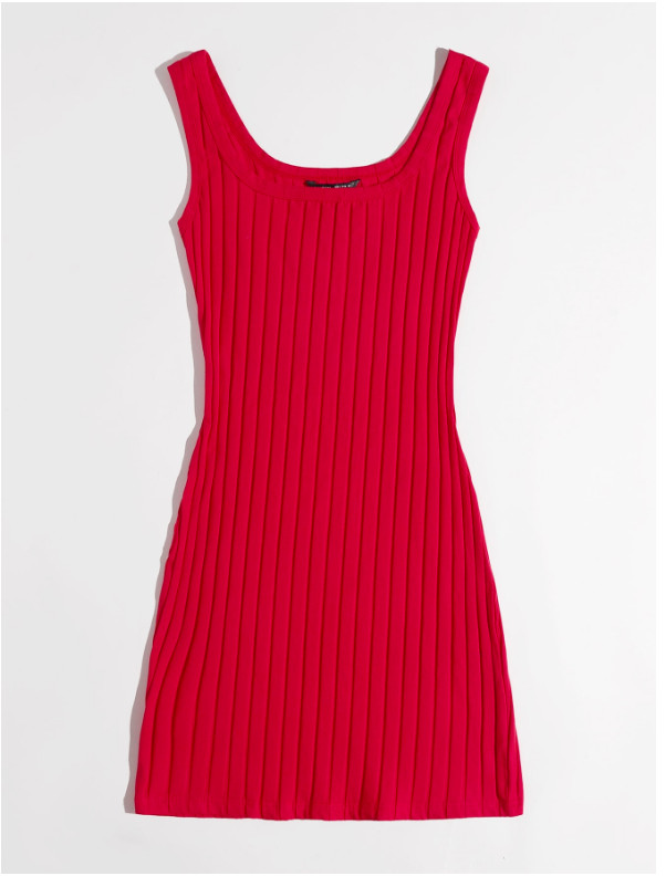 Red Scoop Neck Rib-knit Bodycon Pencil Casual Summer Slim Dress Sz XS S M L XL