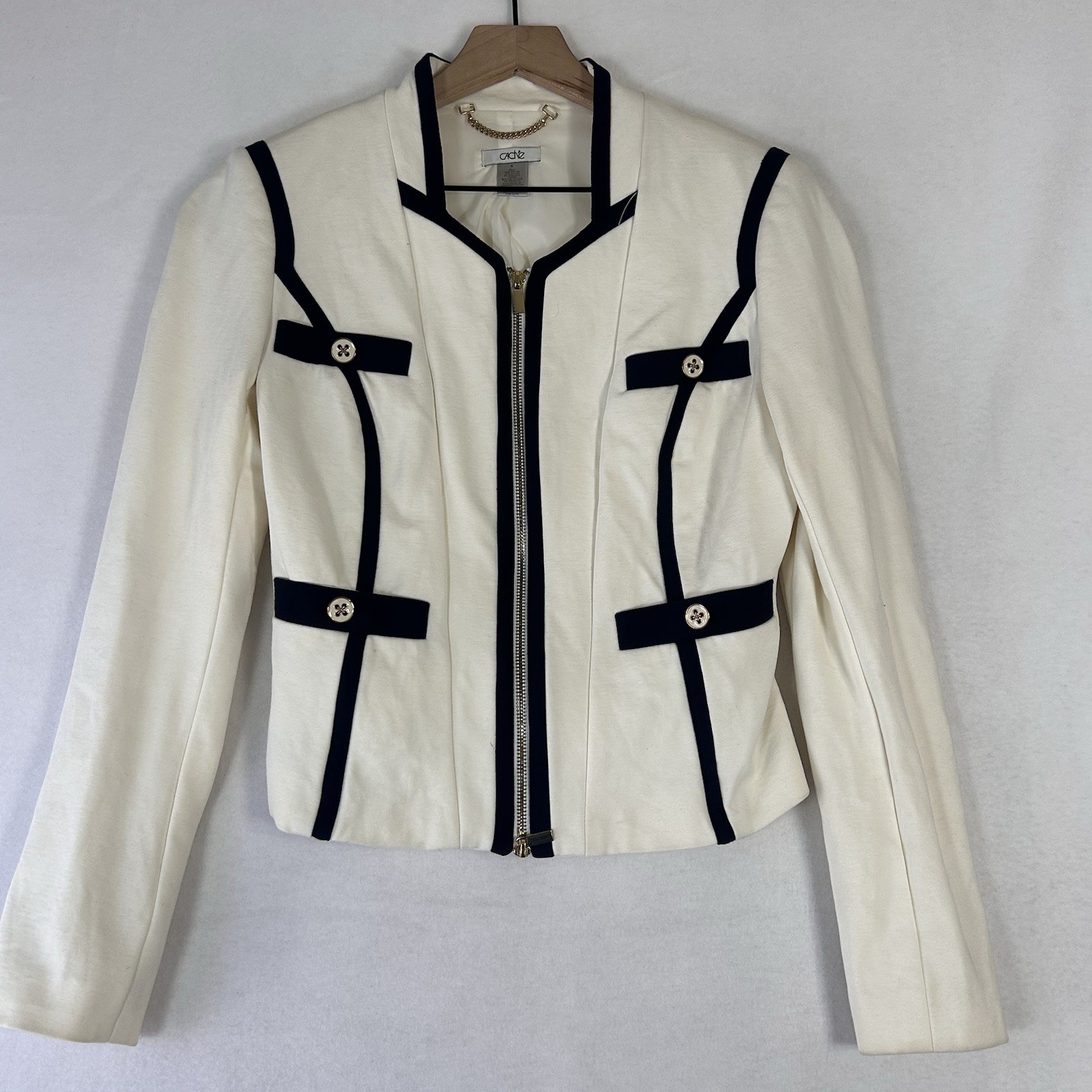 Cache Womens Blazer Size 4 White Black Trim Zip Cropped Military Jacket
