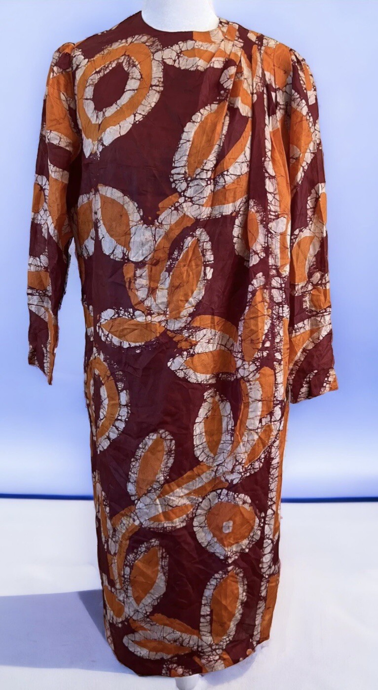VTG Womens Red Orange Leaf Silk Batik Dress Pleated Shoulder Art to Wear Boho M