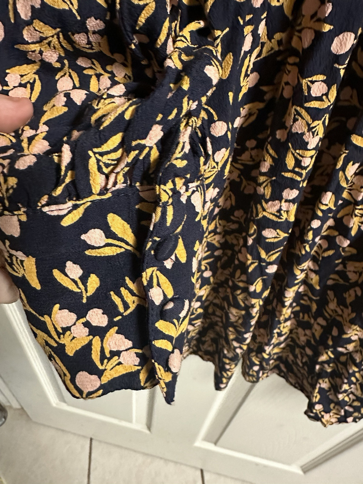French Connection Floral Smocked Dress Tunic Black Gold Pink Baby Doll XL 16