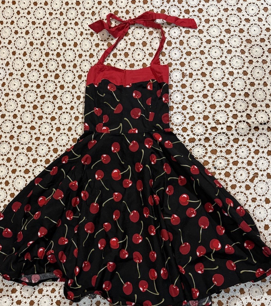 SUCREFAS Cherry Print Halter Dress Pin Up Rockabilly Photoshoot Small Black Red