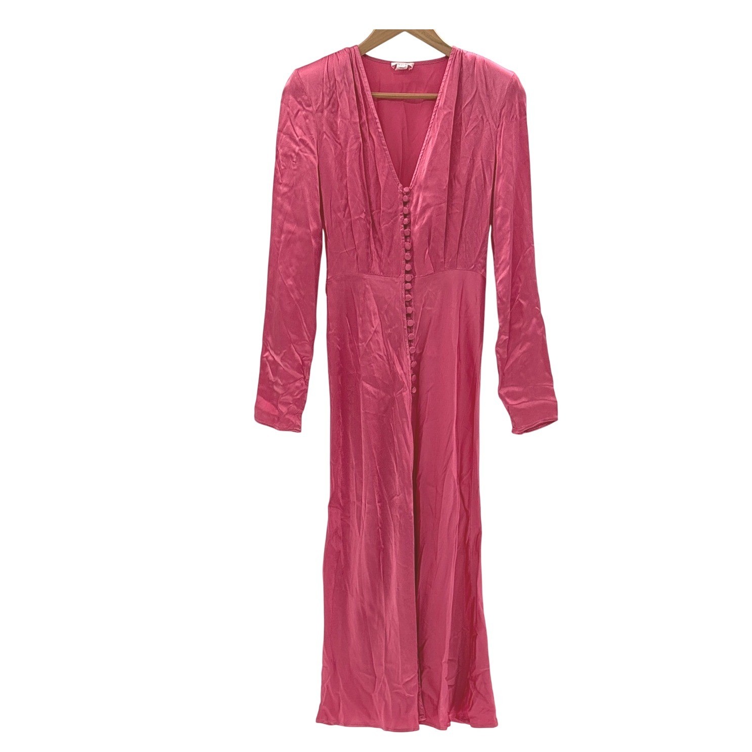 Ghost London Meryl Midi Dress Button Fairycore V Neck Satin XS Pink Long Sleeve