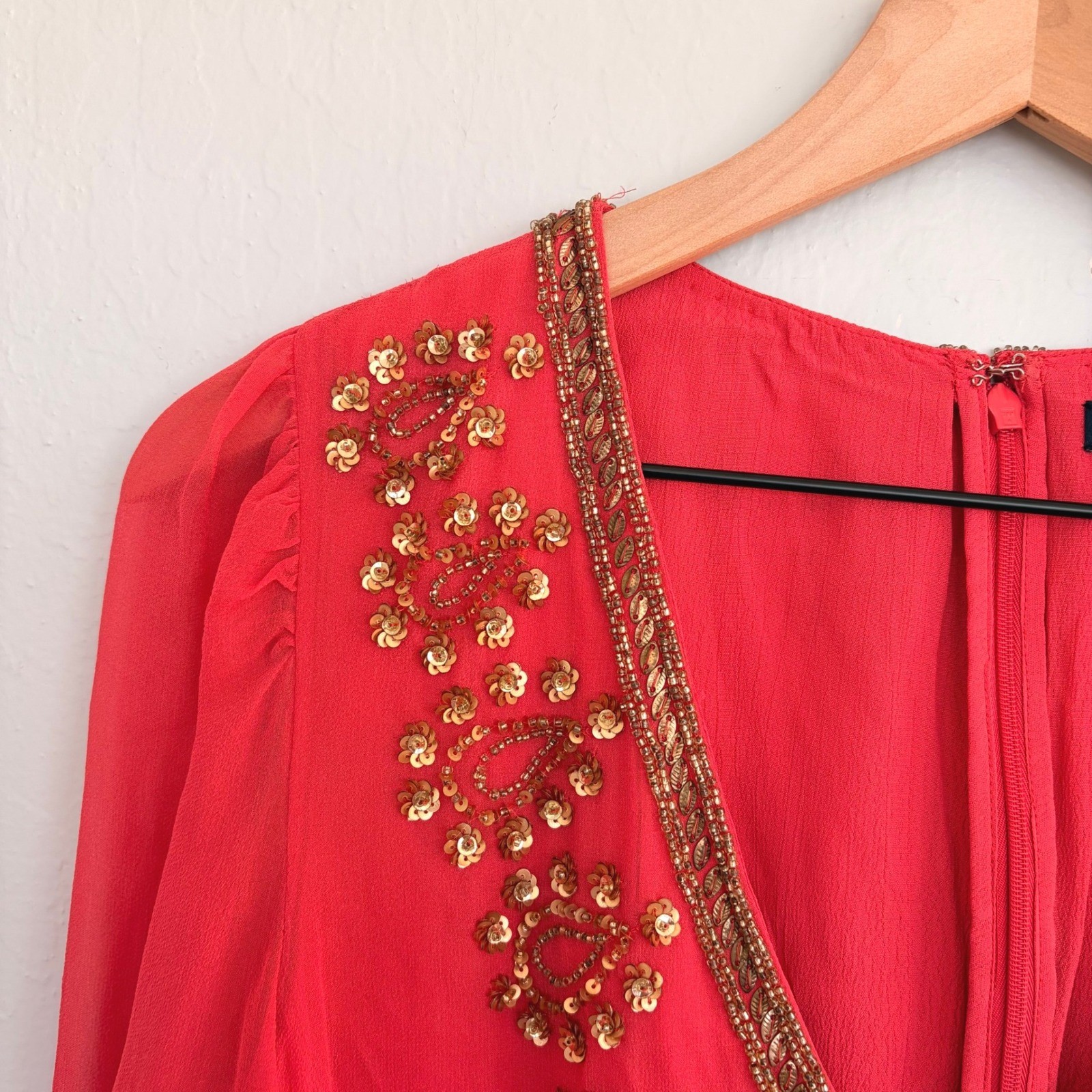 French Connection Shift Dress Silk-Georgette Sequined Coral V-Nick US10 UK14