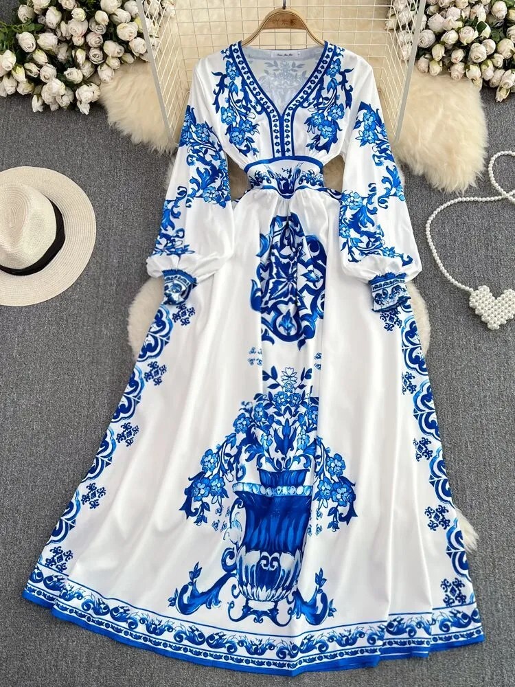 Spring Autumn Runway Fashion Blue And White Porcelain Flower Print Dress m-xxl