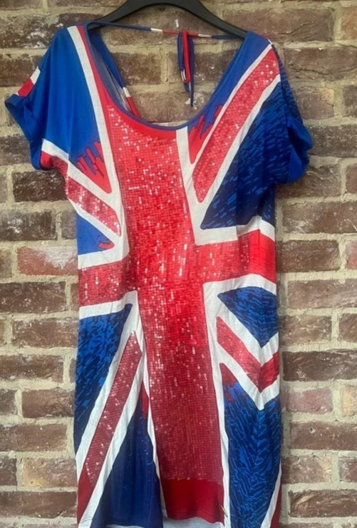 BNWT Rare Geri Halliwell Next Union Jack Sequin Dress Coronation Patriotic UK 8