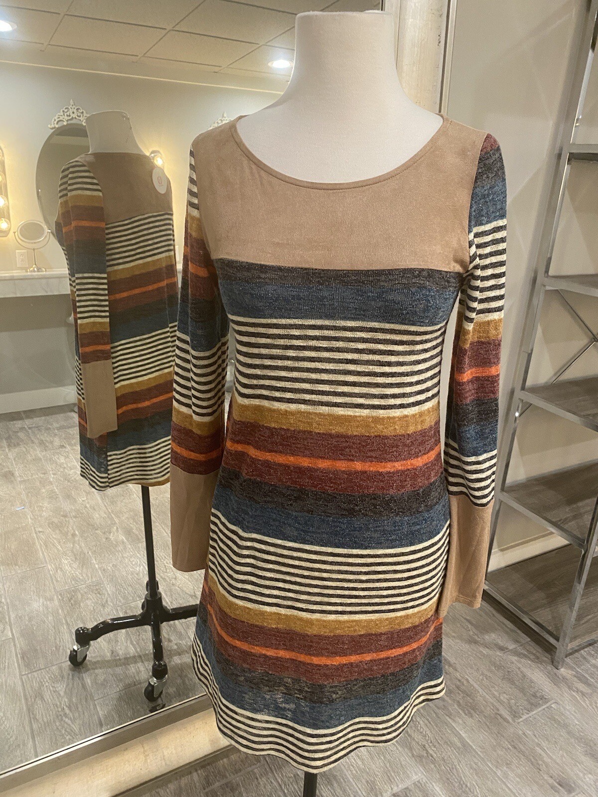 Wanna B Womens Dress Multi Colored Striped Long Sleeve Sheath Dress Sz S NWT