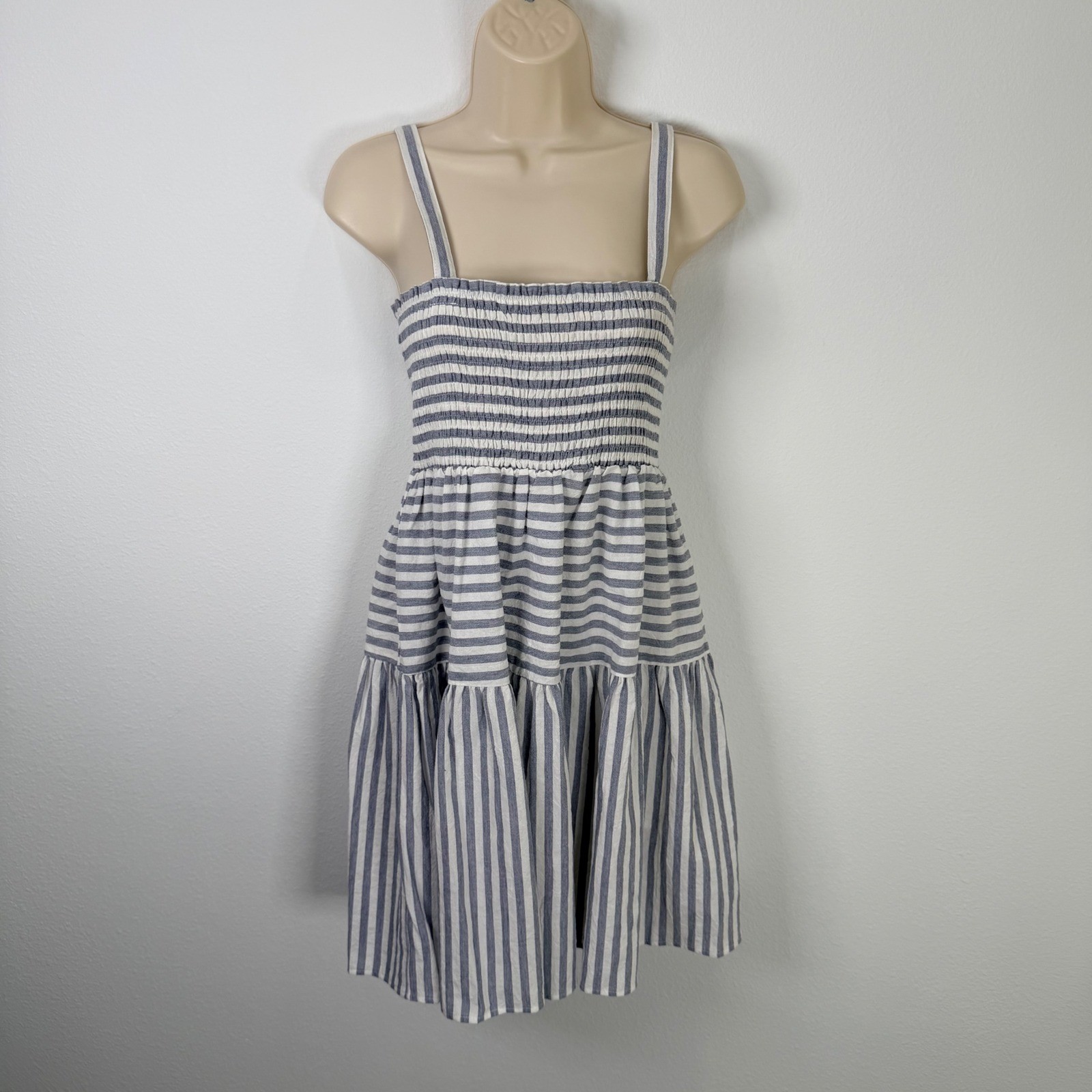 Lumiere Blue White Striped Smocked Mini Dress Cotton Linen ND31878 Medium