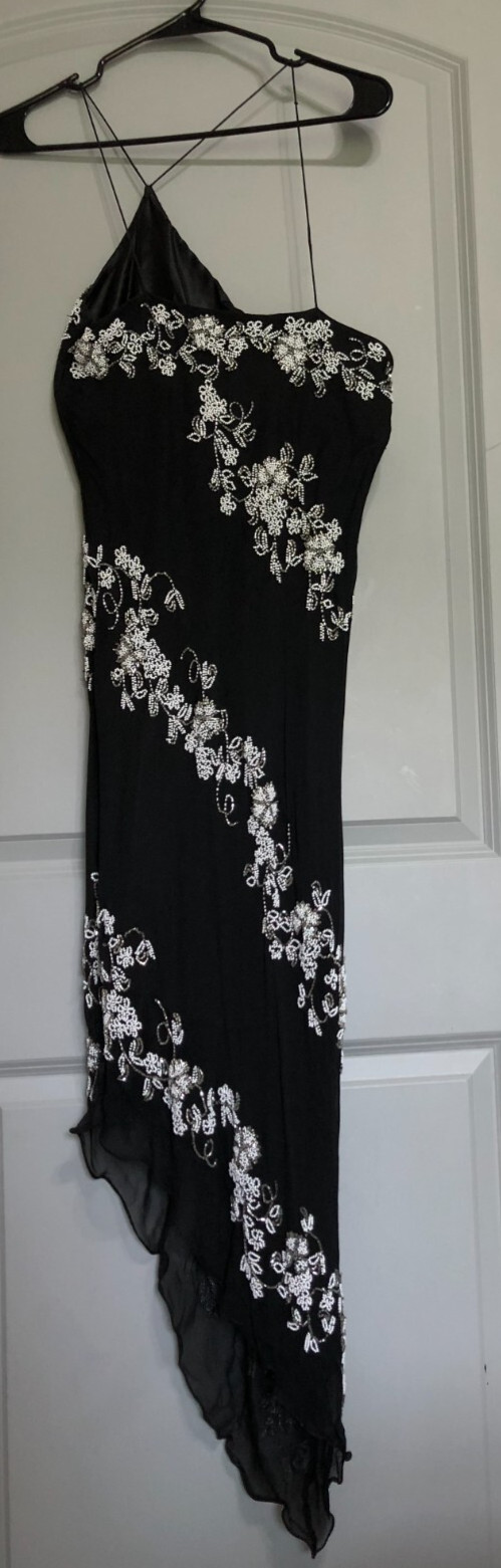 Vintage SCALA 100% Silk Beaded Dress Black Floral Asymmetric Hem Prom Formal L.