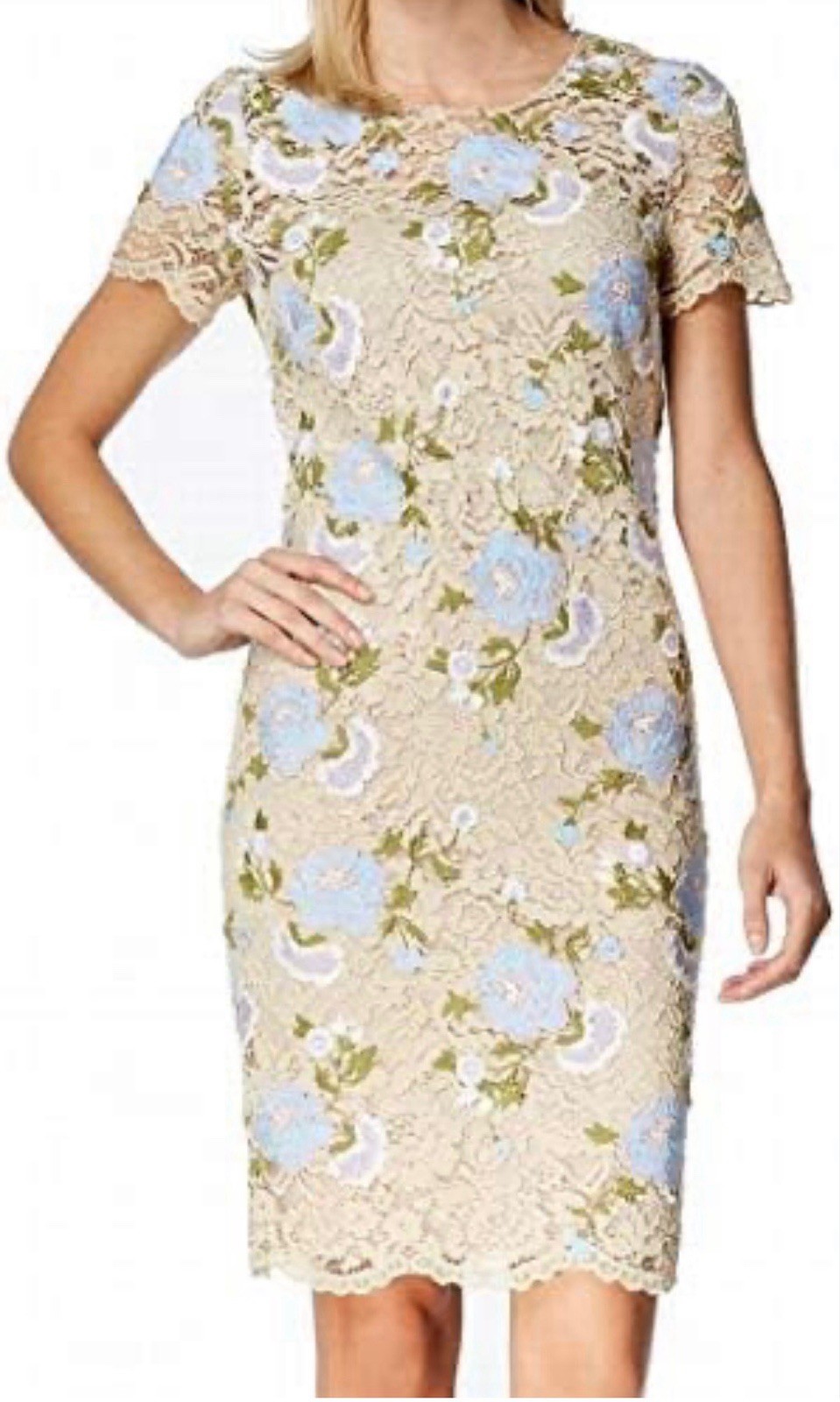 Calvin Klein 2 Tan & Opal Blue Floral Lace Embroidered Mesh Sheath Pencil Dress