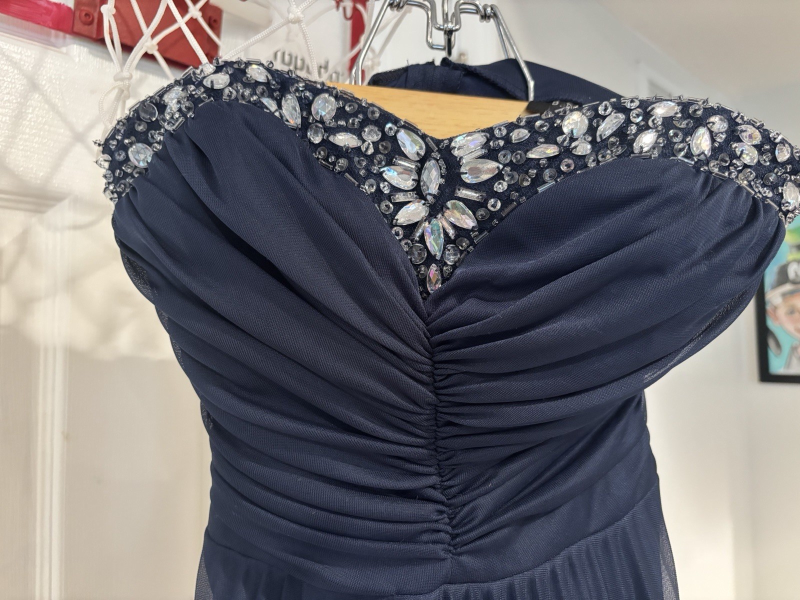 Navy Blue Strapless Rhinestone Prom Wedding Guest Dress Size 5/6