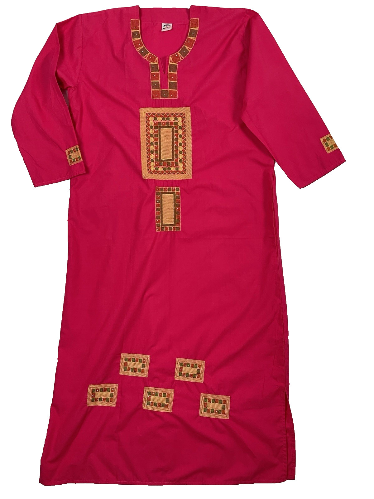 BRSY Egypt Pink Hand Embroidered Kaftan Approx M/L Long-Sleeve Dress Boho Cotton