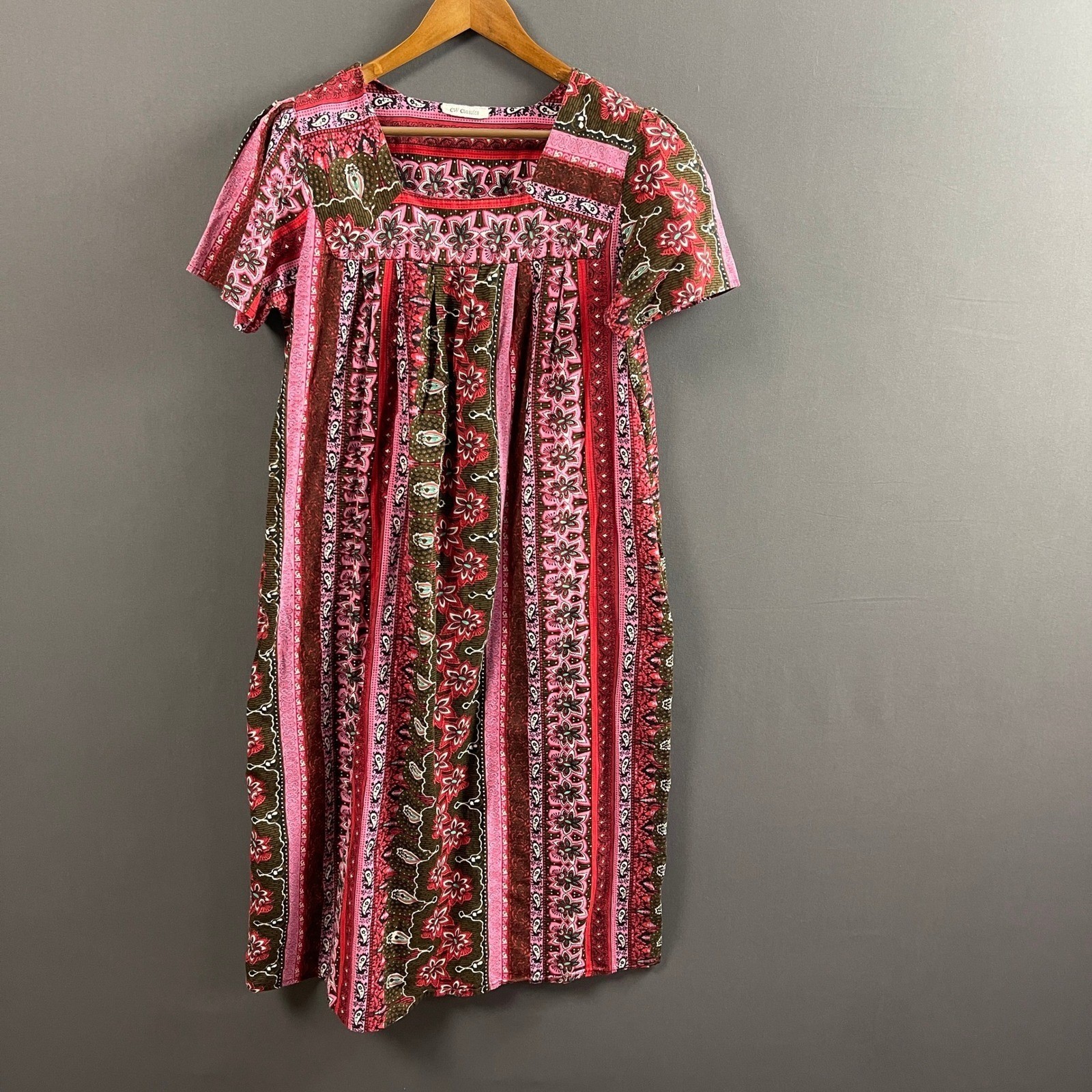 CW Classics Womens Pink Paisley Floral Striped Muumuu House Dress Square Neck