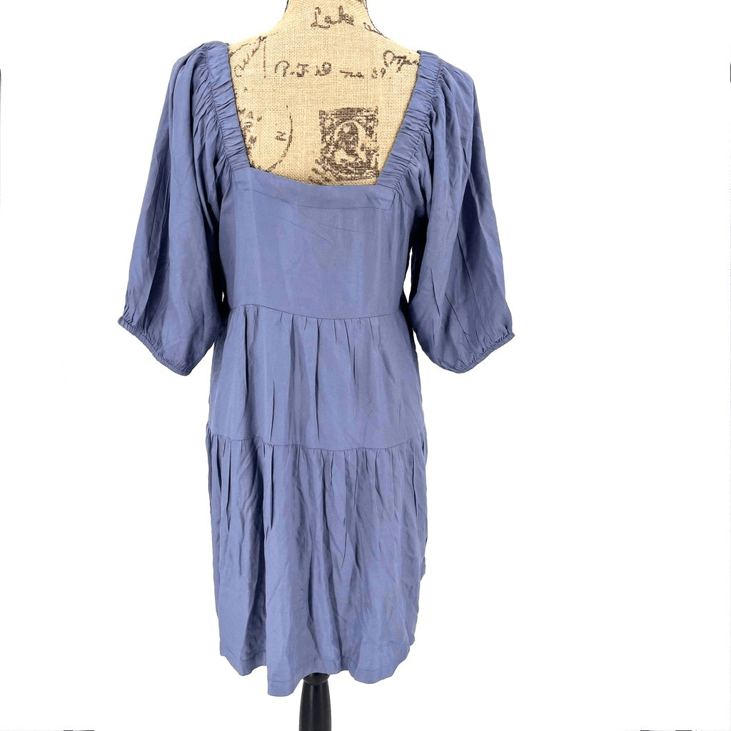 NWT Beyond Words Womens Square Neck Puff Sleeves Tiered Mini Dress purple Medium