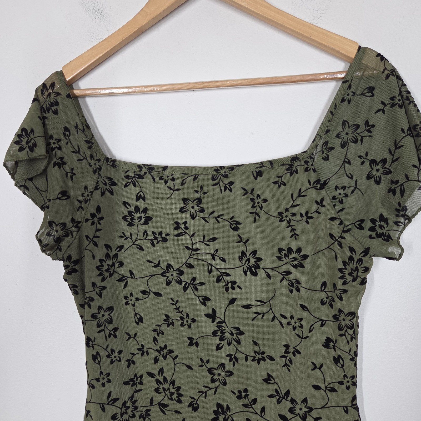 Mesh Velvet Floral Olive Green Mini Dress L Fairy Whimsigoth Goblincore Forest