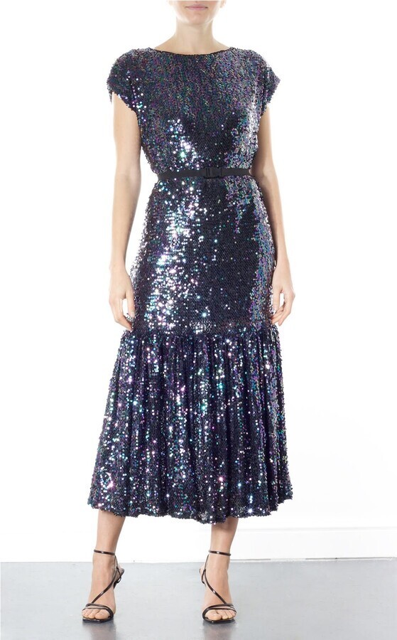 Wolf & Badger Meem Label Drop Waist Sequin Evening Party Midi Kate Dress M UK 14