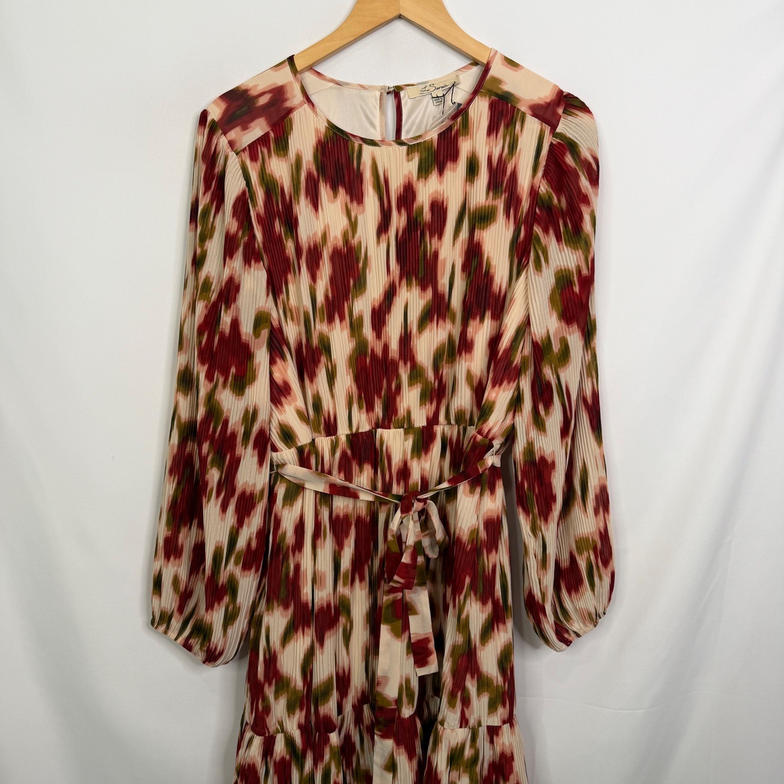 Les Serein Sofia Red Abstract Plisse Long Sleeve Mini Dress Large NWT