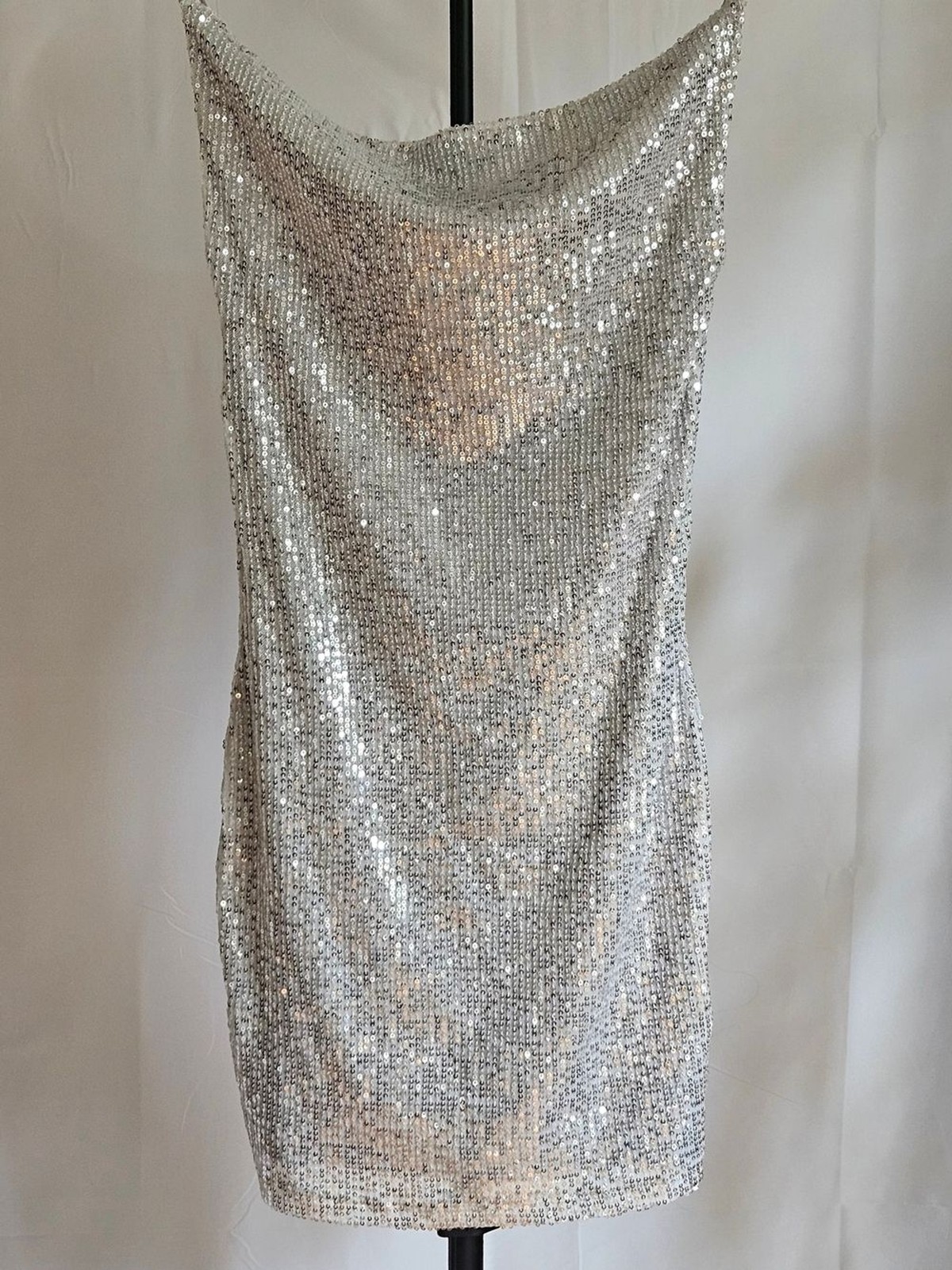 Bluesteel Silver Sequin Cowl Neck Mini Dress Size P / XS Party Night Out Holiday