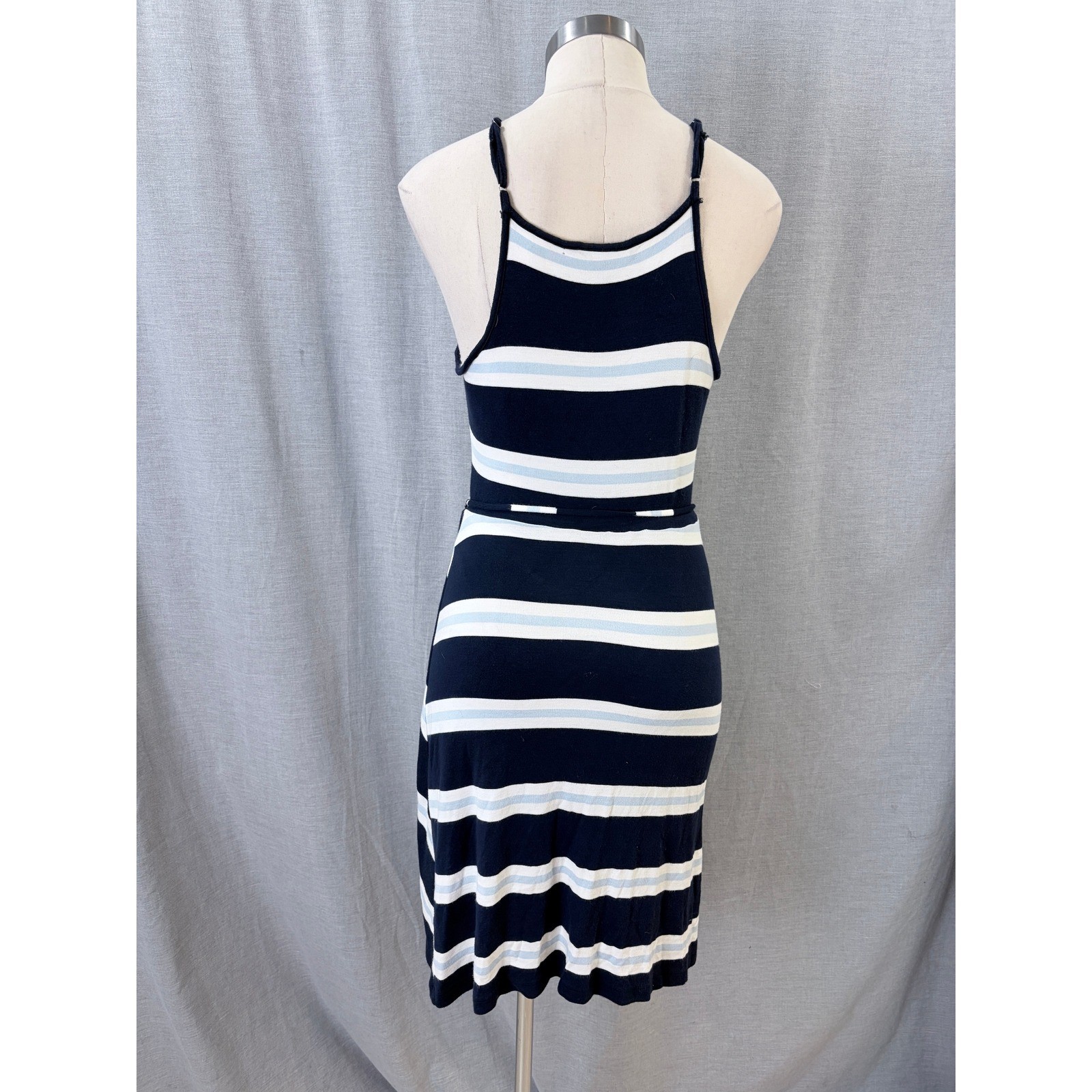 41 Hawthorn Navy Blue White Striped Sleeveless Faux Wrap Tulip Hem Dress PM
