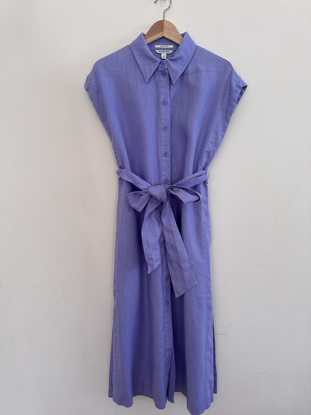 Country Road Linen Midi Shirt Dress Size 10 Purple Button Up Waist Tie Belt