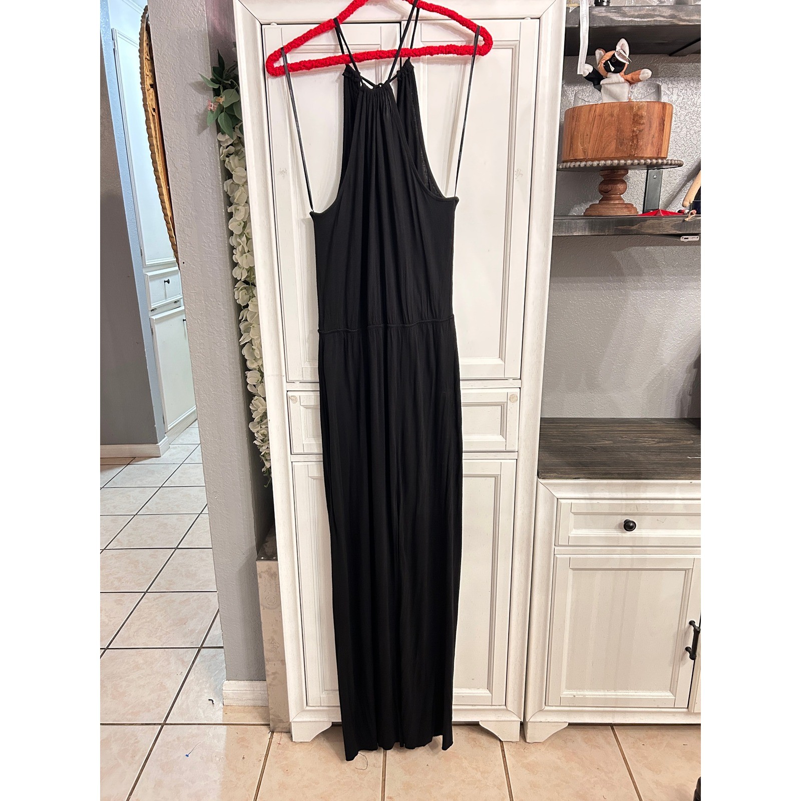 Black Halter Maxi Dress High Slit Elastic Waist Stretchy LARGE Summer Vacation