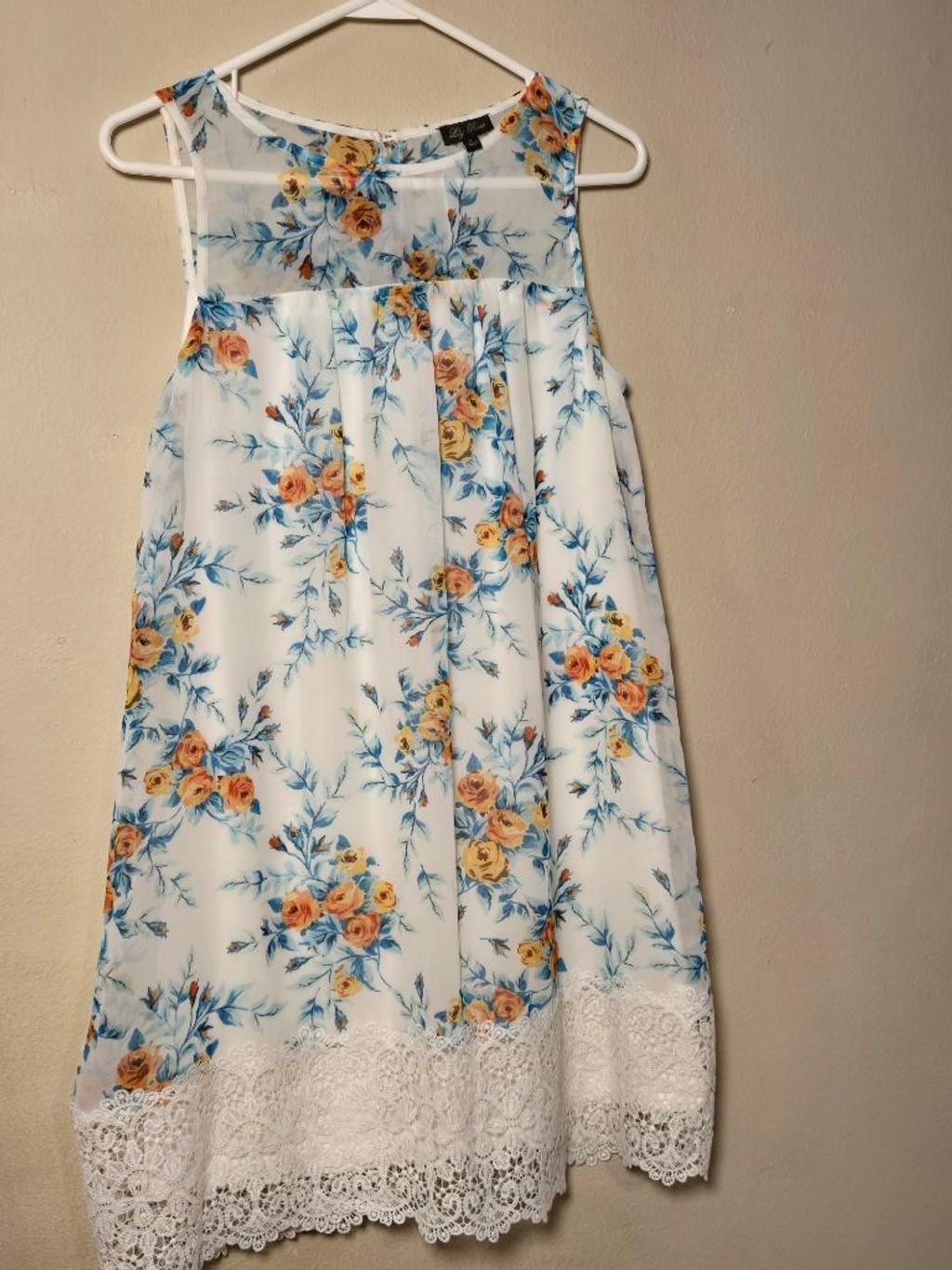 Women’s Lily Rose Floral White Orange Blue Sleeveless Dress S