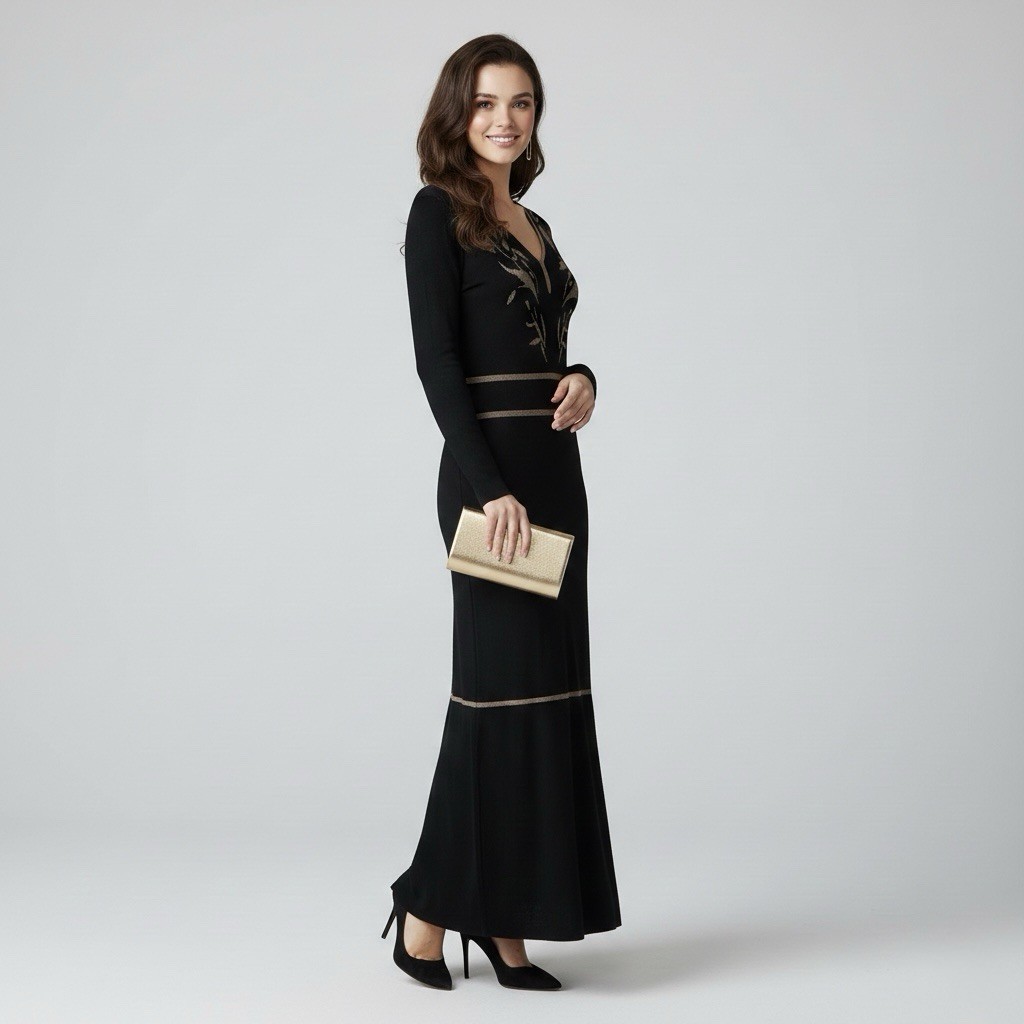 Eva Mendes Women’s Black Maxi Sweater Dress Size M Knit Stretch Formal Party