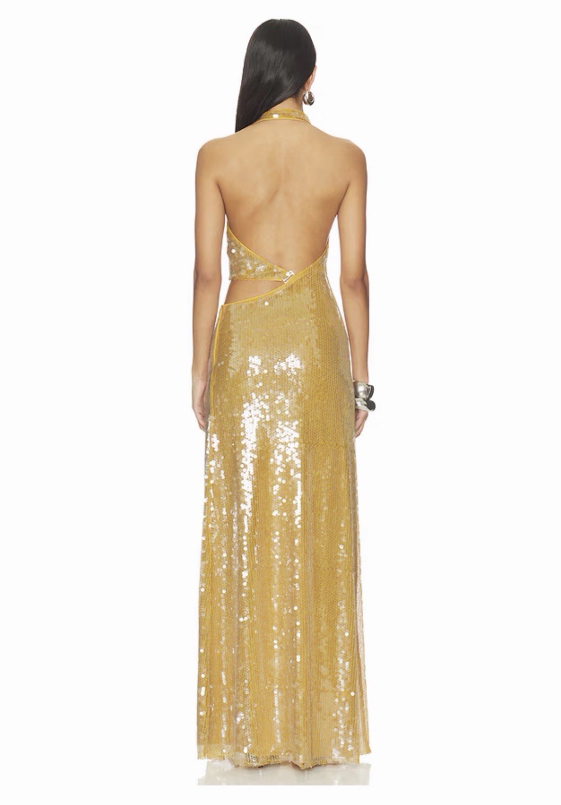 MISHA Gold Sequin Halter Gown with Side Ring Detail Size small