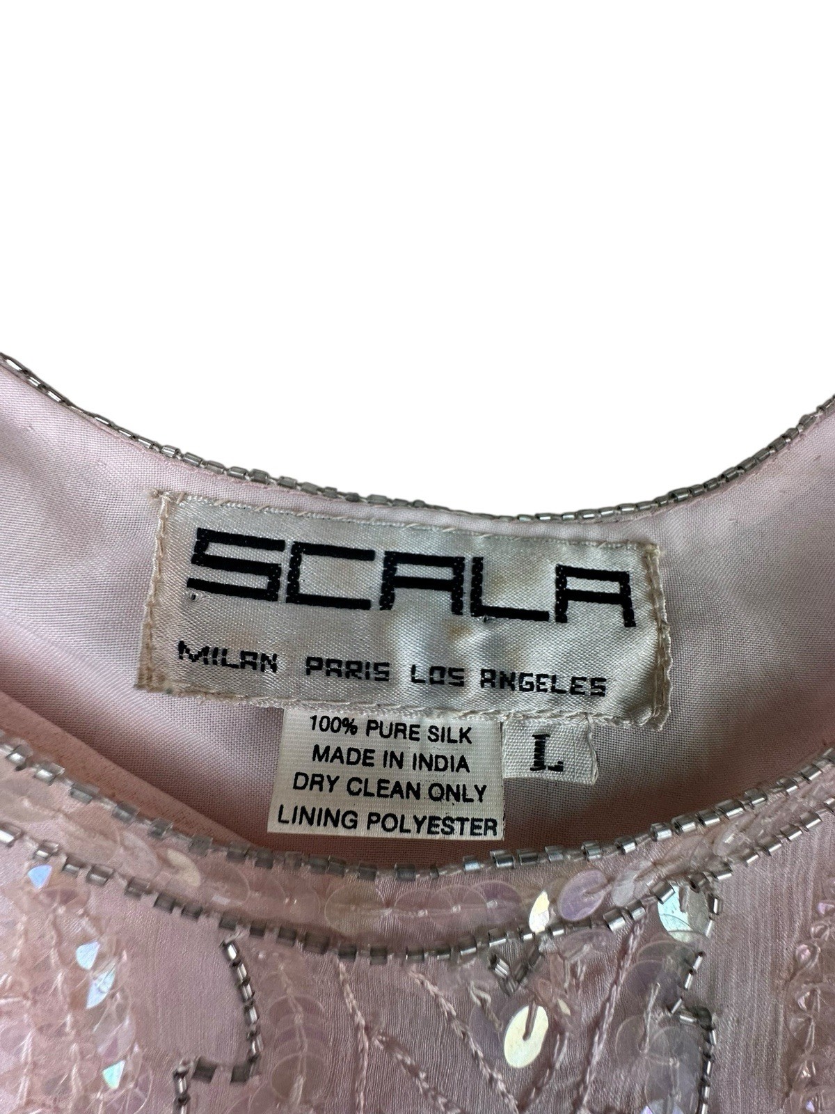 Scala Silk Beaded Sequin Shift Dress L Nude Pink Formal Cocktail Evening