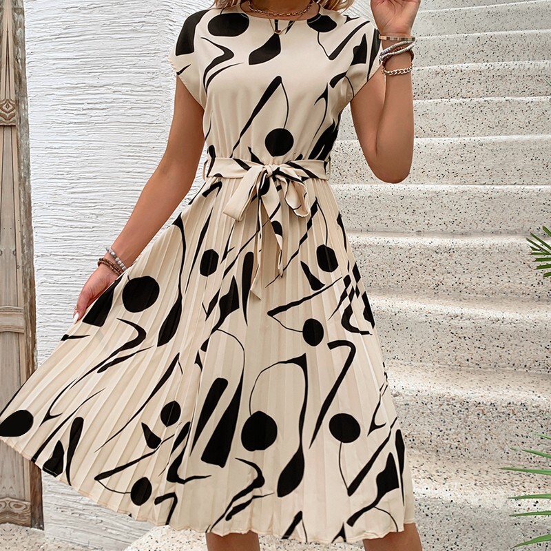 New Sleeveless Temperament Commuter Dress | Lace-Up Pleated Round Neck Skirt