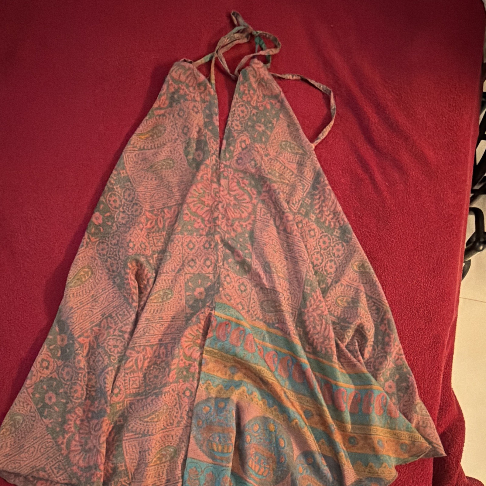 Pink Blue Green Paisley 100% Silk Halter Tie Adjustable Maxi Dress One Size