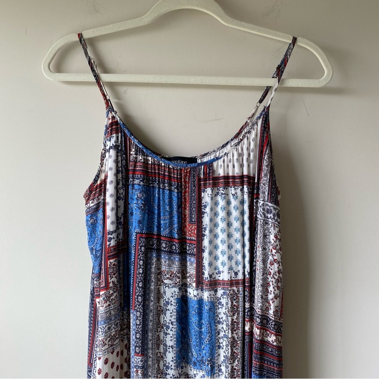 Karen Kane Patchwork Paisley Sleeveless Ruffle Hem Maxi Dress Boho Size S