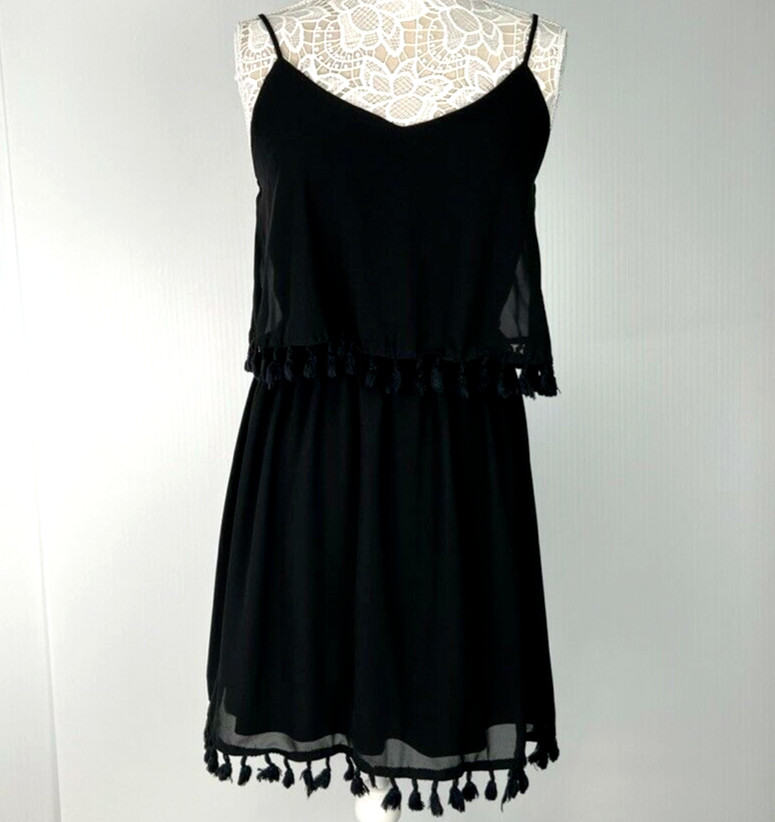Eyeshadow Dress Women Medium Sheer Lined Strap Fringe Work Party Boho Core Go